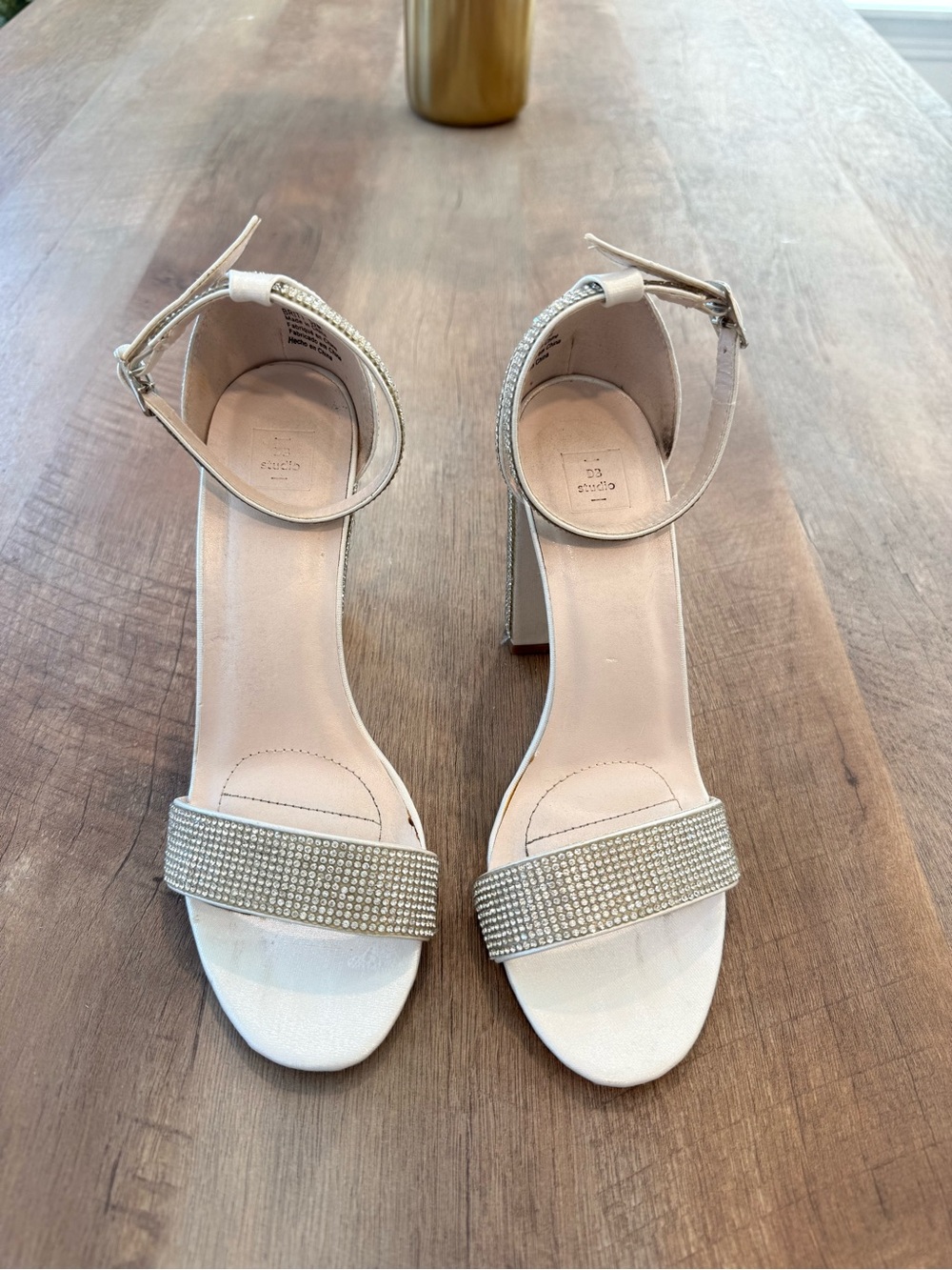 David's Bridal “Britt”  Ivory Rhinestone Ankle-Strap Block Heels